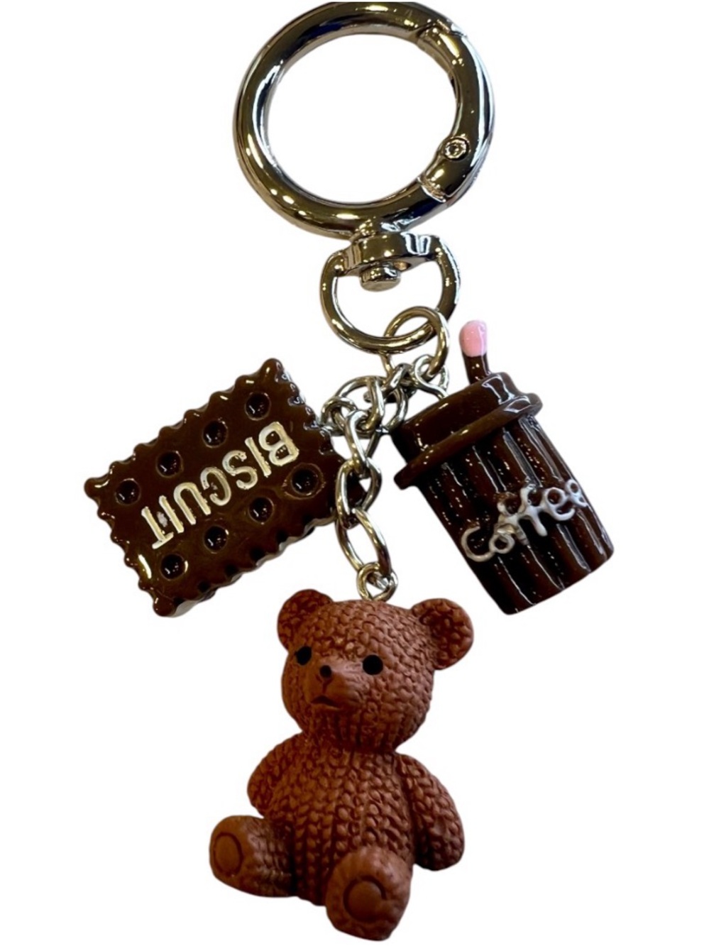 Teddy Bear & Biscuit Keychain Brown Charm with Coffee Cup NWT